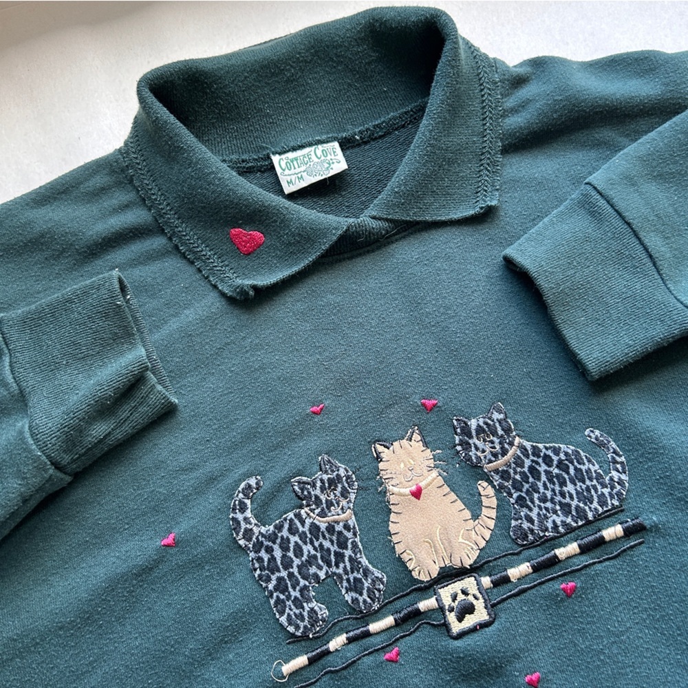 Vintage Cottage Cove Women’s Medium Sweatshirt Green Collared Cats cat lady